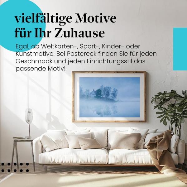 Stylisches Leinwandbild: Haus am See im Nebel - Magische Morgenstimmung.