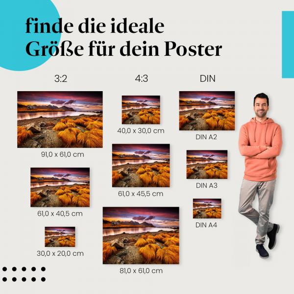 "Idyllisches Plätzchen": Poster mit Haus, See, Bergen & Sonnenuntergang