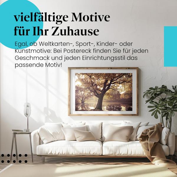 Stylisches Leinwandbild: Herbstliche Stimmung - Einsamer Baum am See im goldenen Licht.