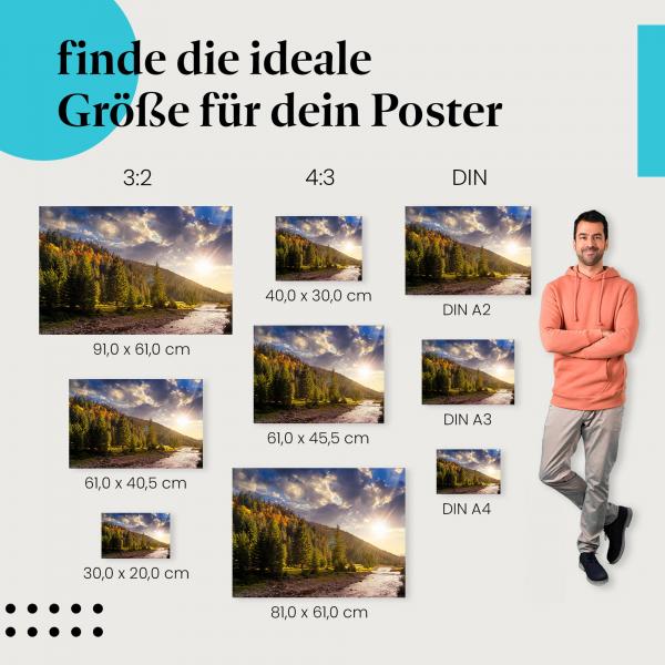 Wähle die ideale Postergröße: Malerischer Bergbach im Herbst: Goldene Wälder, blauer Himmel.