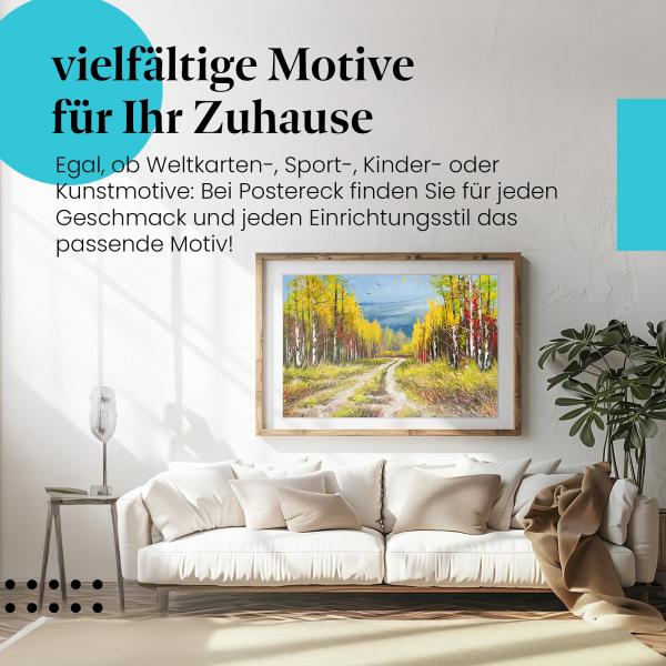 Dieses Leinwandbild mit dem Waldweg ist ein Hingucker und bringt die Schönheit des Herbstes in Ihr Zuhause.