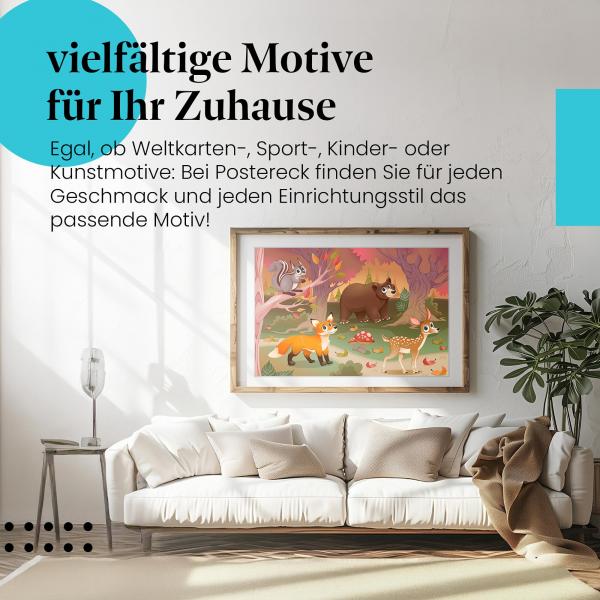 Dieses Leinwandbild mit den Waldtieren bringt die Schönheit des Herbstes in Ihr Zuhause.