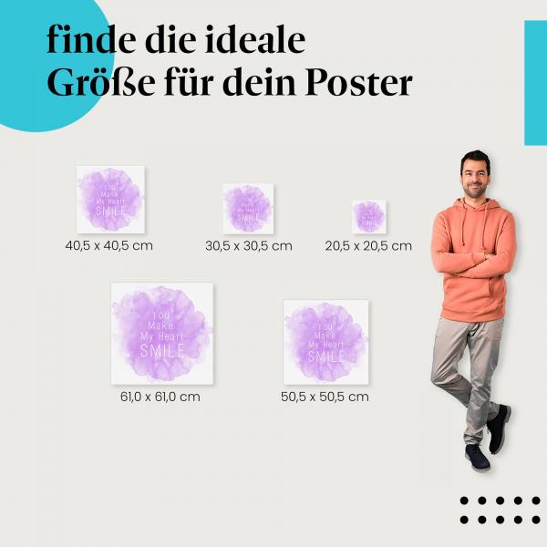 Wähle die ideale Postergröße: "You make my heart smile" - Romantischer Spruch auf lila Hintergrund.