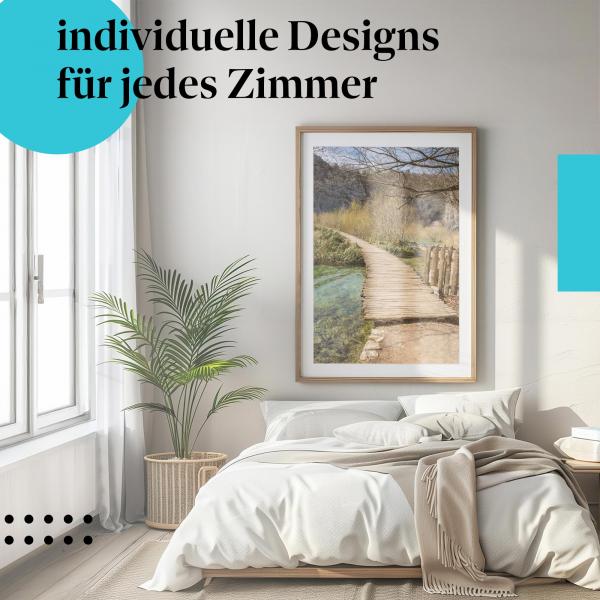 Schlafzimmer Deko: "Holzsteg" Poster in modernem Schlafzimmer. Wanddeko im minimalistischen Stil.