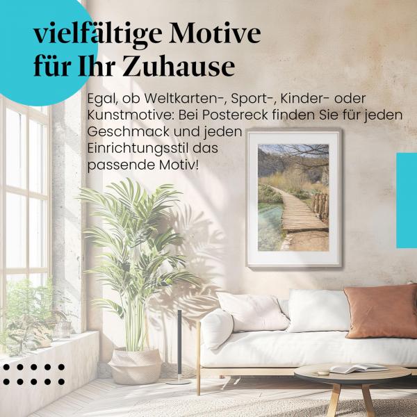 Stylisches Leinwandbild: Entlang des Flusses - Ein Holzsteg. Wanddeko für Naturliebhaber.