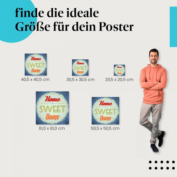 Wähle die ideale Postergröße: "Home Sweet Home" - Vintage Schild im Retro-Stil.