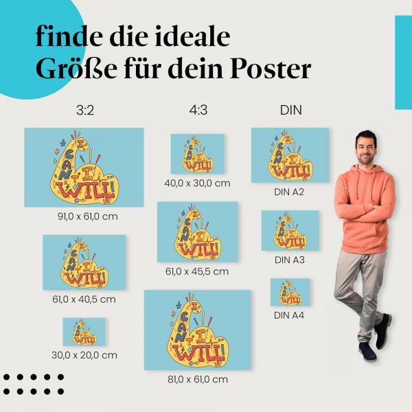 Finde die ideale Postergröße: "I can I will", Bizeps, Motivation, blauer Hintergrund.