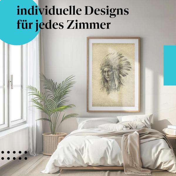 Schlafzimmer Deko: Minimalistisches Zimmer mit "Indianerhäuptling" Poster. Wanddeko im Vintage-Stil.