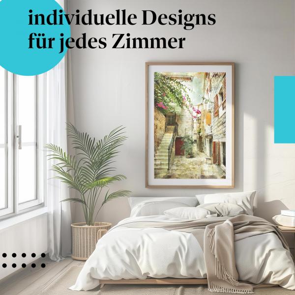 Schlafzimmer Deko: Modernes Schlafzimmer mit "Italienische Gasse" Poster. Romantische Wanddeko.