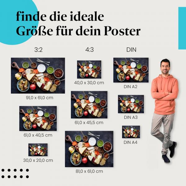 Käseplatte, Poster: Käse, Früchte, Nüsse, Holzplatte.