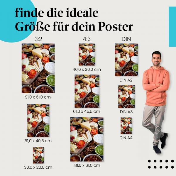 Käseplatte, Poster: Käse, Trauben, Nüsse, Cracker.