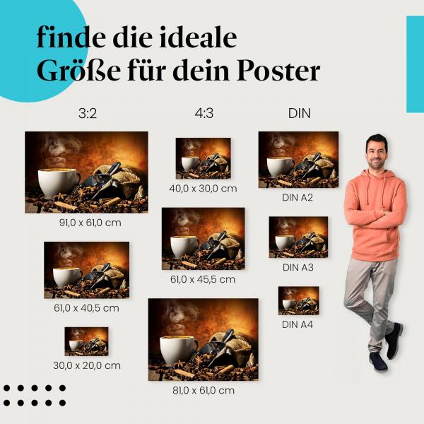 Finde die ideale Postergröße: Kaffee, Tasse, Kaffeebohnen, Gewürze, Holztisch.