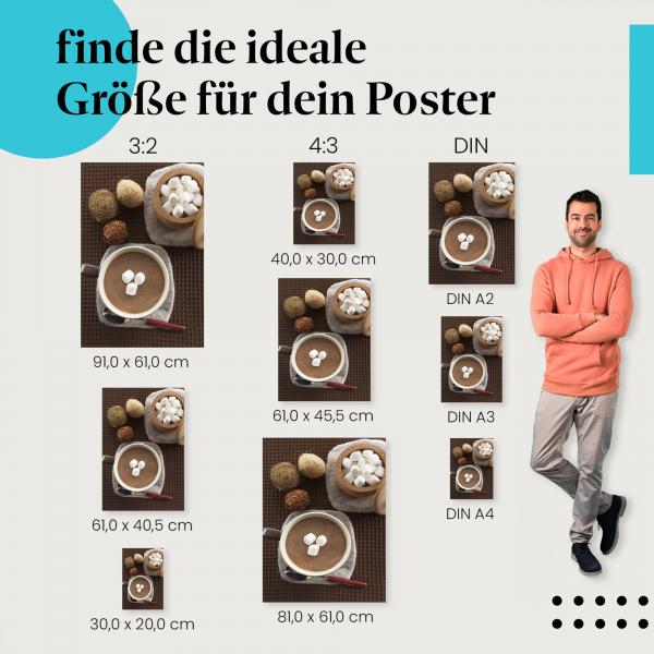 Finde die ideale Postergröße: Heiße Schokolade, Marshmallows, Deko-Elemente.