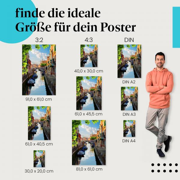 Entdecke die passende Postergröße: Venedig, Kanal, bunte Häuser, Gondeln.