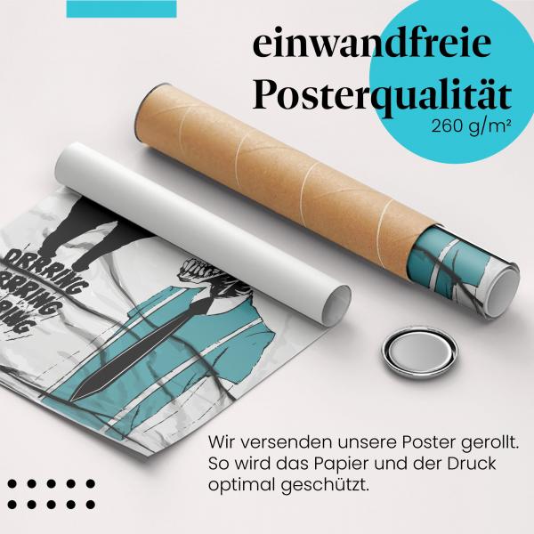 Gerolltes Poster "Drrrrring". Ausgefallenes Design mit Skelett und Katze, sicher verpackt.