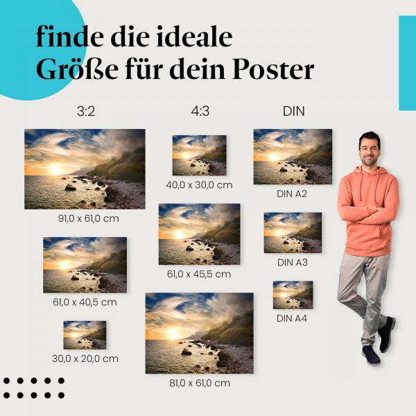 Entdecke die passende Postergröße: Sonnenuntergang, Küste, Felsen, warmes Licht.