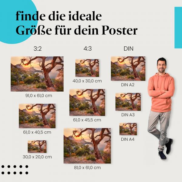 Entdecke die passende Postergröße: Knorriger Baum, felsige Küste, Meer, Sonnenaufgang.