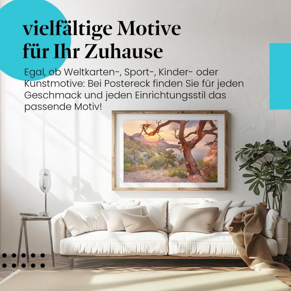 Leinwandbild "Knorriger Baum": Küstenlandschaft im Sonnenaufgang. Holen Sie sich die Natur ins Wohnzimmer.