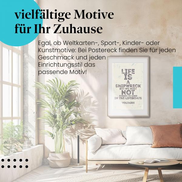 Leinwandbild "Voltaire Zitat" : Philosophischer Spruch im Typografie-Design - perfekt für dein Wohnzimmer.