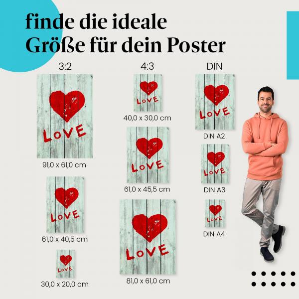 "LOVE", Poster: Herz, Holzwand, Symbol.