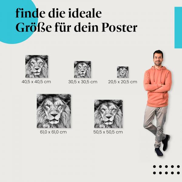 Wähle die ideale Postergröße: Porträt eines Löwen in Schwarz-Weiß.