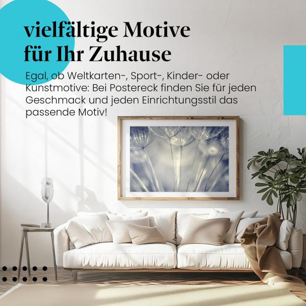 Dieses Leinwandbild mit Löwenzahnsamen in Schwarzweiß ist ein stilvoller Blickfang für moderne Wohnräume.