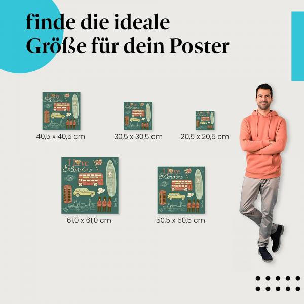 Wähle die ideale Postergröße: Illustration mit Londoner Wahrzeichen wie Big Ben und Doppeldeckerbussen - London-Feeling für dein Zuhause!