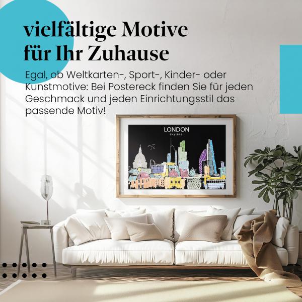 Stylisches Leinwandbild: London Skyline - Bunte Zeichnung.