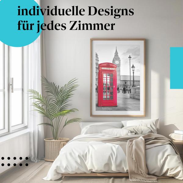 Schlafzimmer Deko: "London Telefonzelle" Poster im minimalistischen Schlafzimmer. Wanddeko für England-Fans.