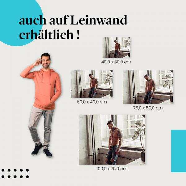 Mann: Leinwandbild. Tattoos, Muskeln, Jeans. Wähle deine Größe!