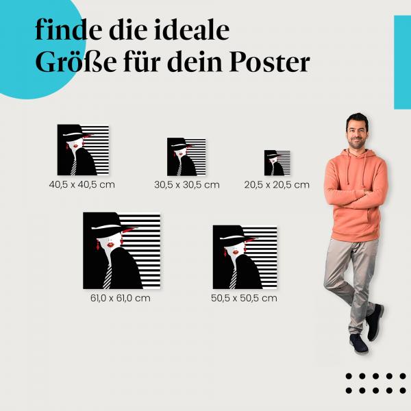 Wähle die ideale Postergröße: Stilisierte Frau mit rotem Lippenstift und schwarzem Hut, schwarz-weiß gestreifter Hintergrund.