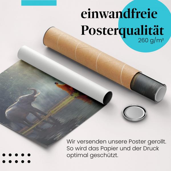 Gerolltes Poster "Mönche & Elefant" - Friedvolles Motiv, sicher verpackt.