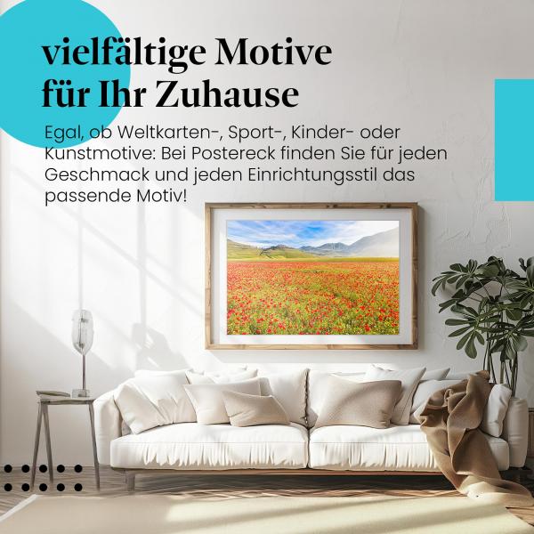 Dieses Leinwandbild mit dem Mohnblumenfeld ist ein Hingucker und bringt italienisches Flair in Ihr Zuhause.