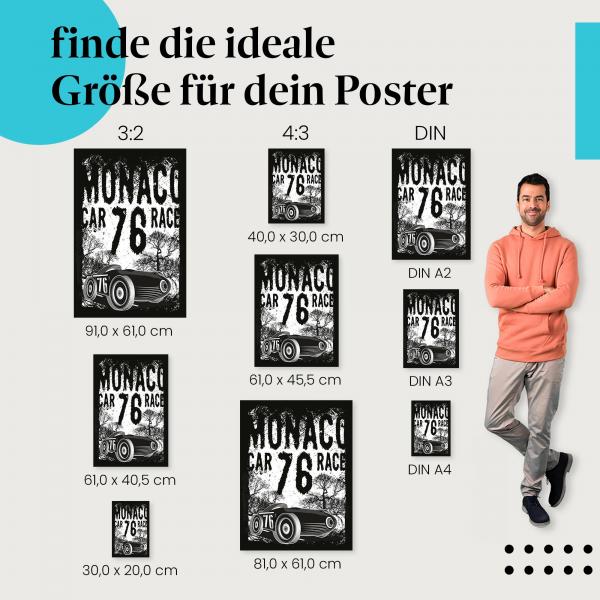 Wähle die ideale Postergröße: Retro-Design: Oldtimer mit Startnummer 76 vor Bäumen.