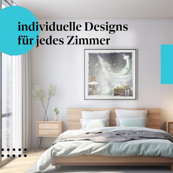 Schlafzimmer Deko: "Reise zum Mond" Poster im modernen Schlafzimmer. Wanddeko für Kinderzimmer.