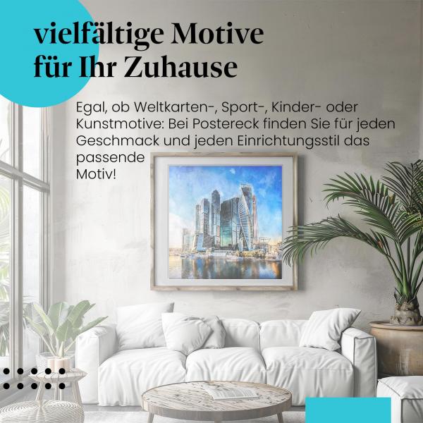 Leinwandbild "Moskau Skyline": Moderne Architektur, Watercolor Stil - ein Blickfang!