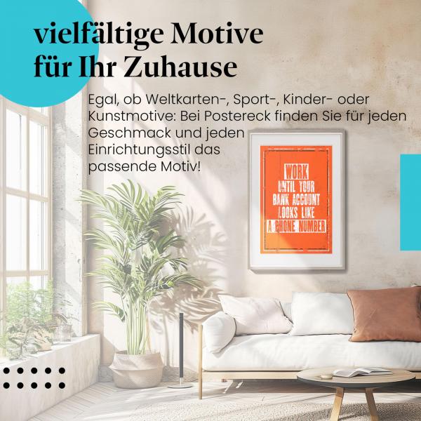 Stylisches Leinwandbild: Humorvoller Motivationsspruch zum Erfolg im Finanzwesen.