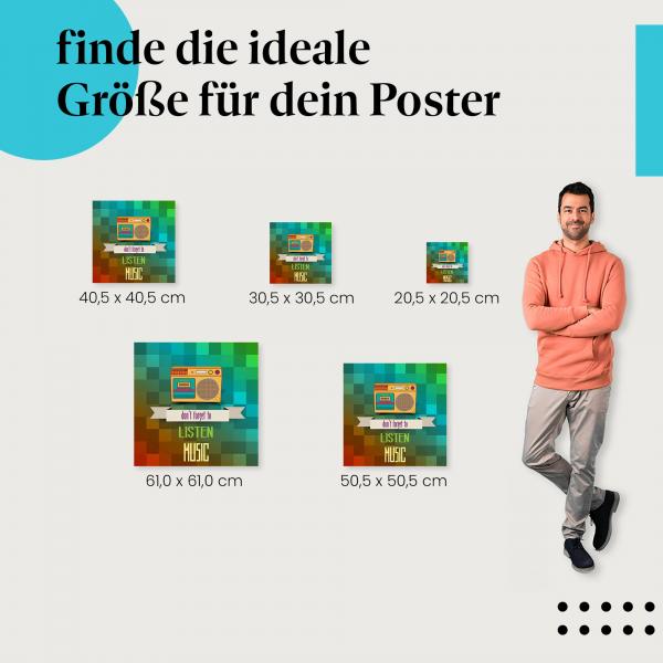 Wähle die ideale Postergröße: "Vergiss nicht, Musik zu hören!" - Retro Kassettenrekorder.