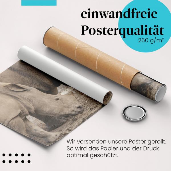 Gerolltes Poster "Nashörner" - Tierfamilie, sicher verpackt.