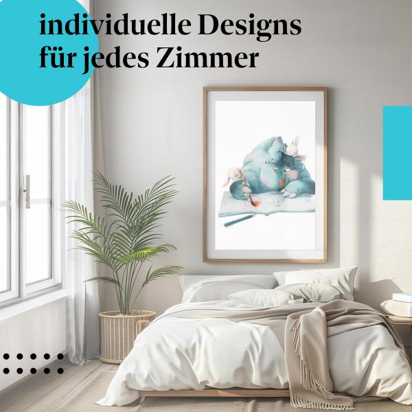 Schlafzimmer Deko: Kinderzimmer mit "Nilpferd & Hasen" Leinwandbild. Farbenfrohe Deko für kreative Kids.