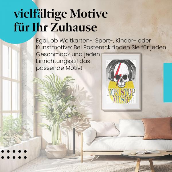 "Non Stop Music" Leinwandbild: Totenkopf mit Kopfhörern für Musikliebhaber.