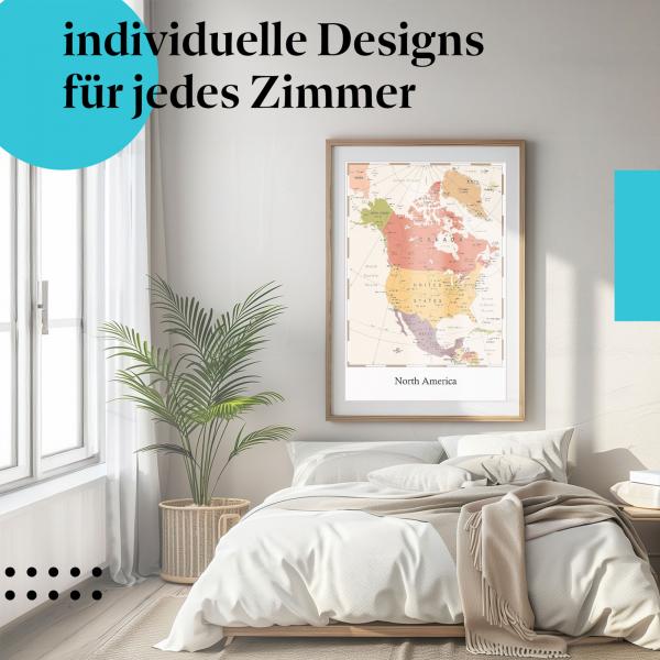 Schlafzimmer Deko: Modernes Schlafzimmer mit "Nordamerika" Poster. Entdecken Sie den Kontinent.