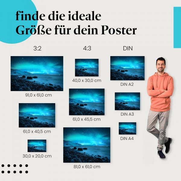 Nordlichter, Poster: Grün, blau, Strand, Sterne, Meer.