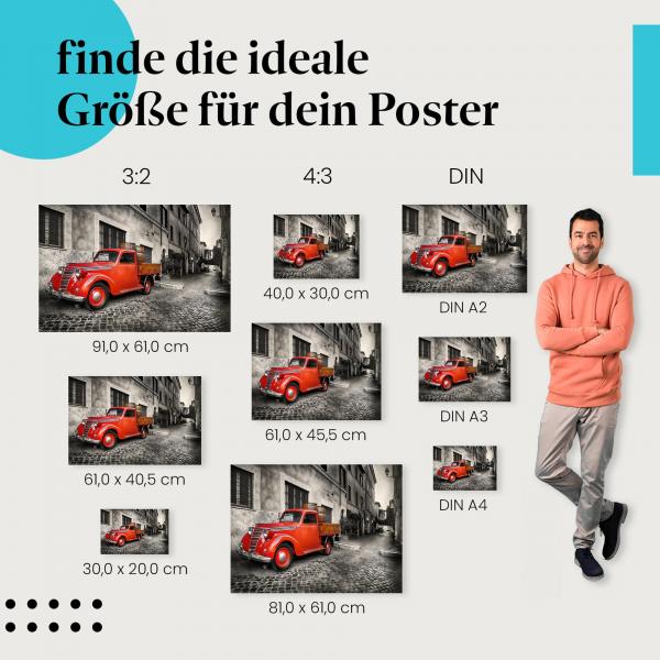 Entdecke die passende Postergröße: Roter Oldtimer, Weinfässer, Gasse, Rom, Nostalgie.