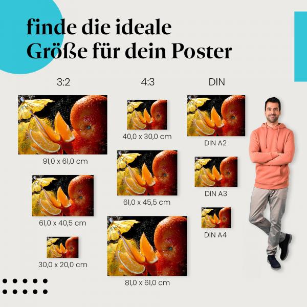 Entdecke die passende Postergröße: Orange, Wassertropfen, Cocktailschirmchen.