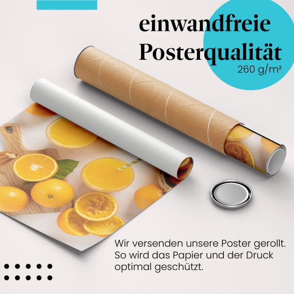 Gerolltes Poster "Orangensaft". Erfrischender Genuss, sicher verpackt.