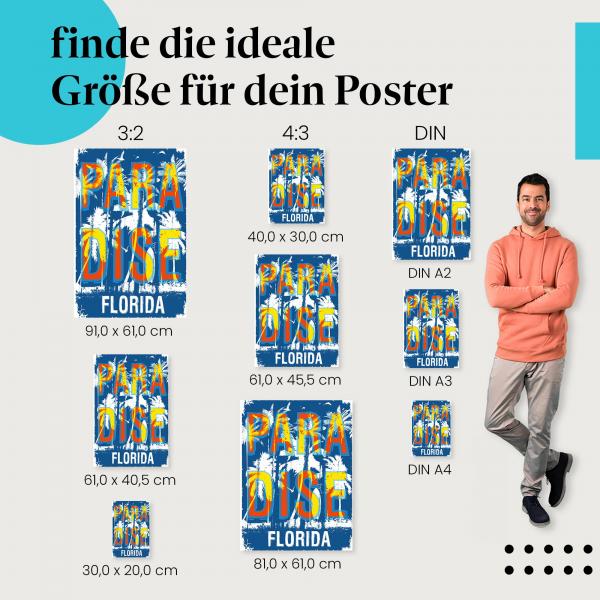 Wähle die ideale Postergröße: "Paradise Florida" - Design mit Palmen und Sonne.