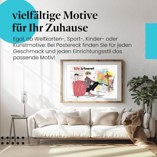 Dieses Leinwandbild mit der Illustration versprüht Fernweh und ist ein Hingucker für alle Reiseliebhaber.