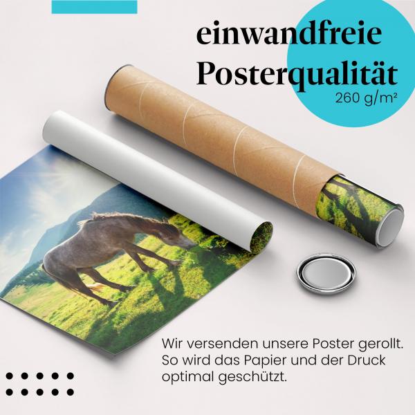 Gerolltes Poster "Pferd & Berge" - Ländliche Idylle, sicher verpackt.