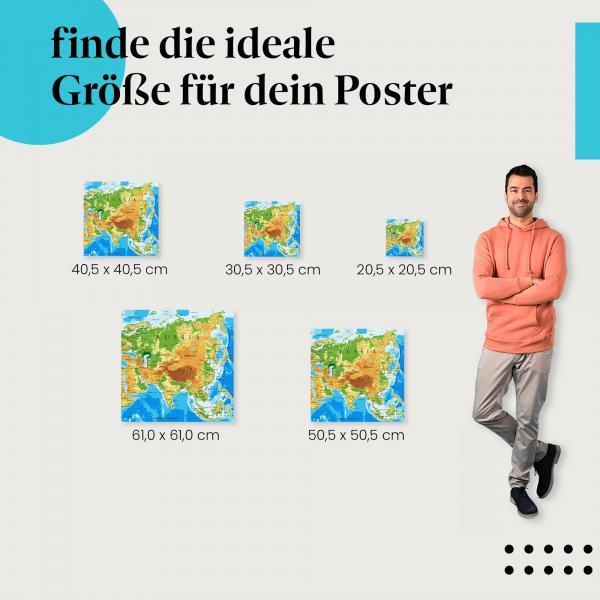 Wähle die ideale Postergröße: Detaillierte physische Karte von Asien mit Ländern und Städten.